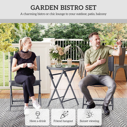 3 Pieces Outdoor Bistro Set, Glass Top Table and Chairs, Grey