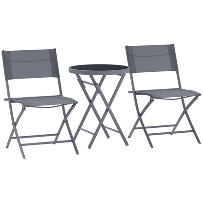 3 Pieces Outdoor Bistro Set, Glass Top Table and Chairs, Grey
