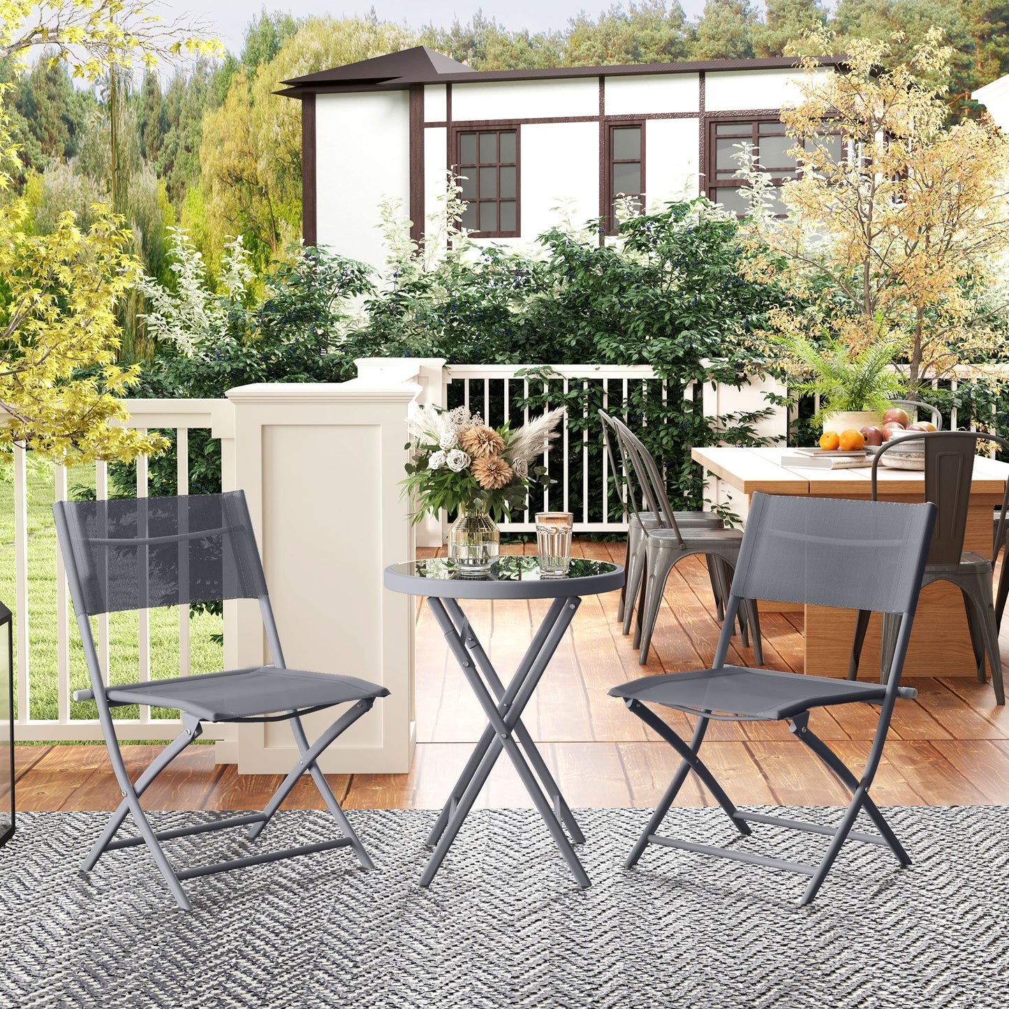 3 Pieces Outdoor Bistro Set, Glass Top Table and Chairs, Grey