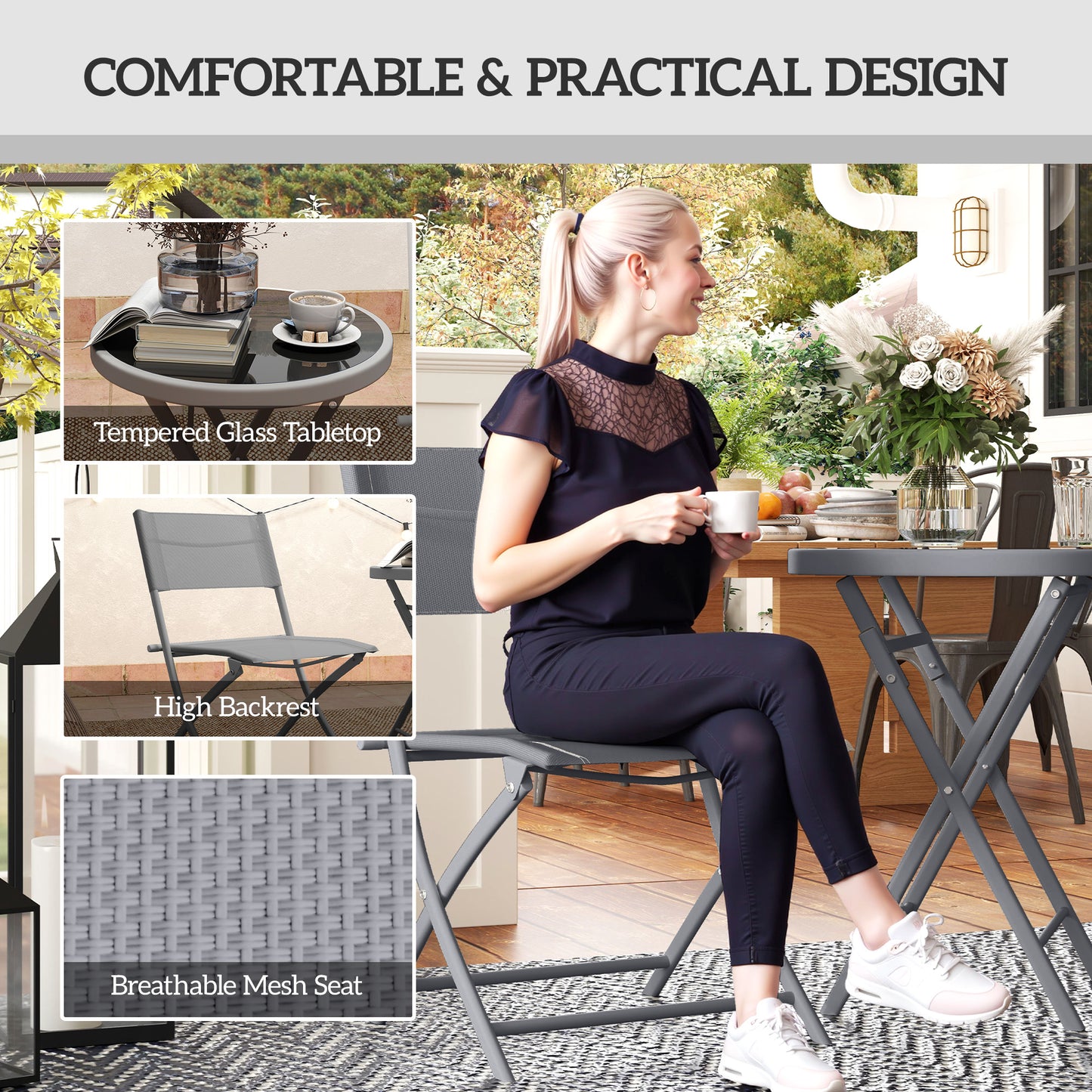 3 Pieces Outdoor Bistro Set, Glass Top Table and Chairs, Grey