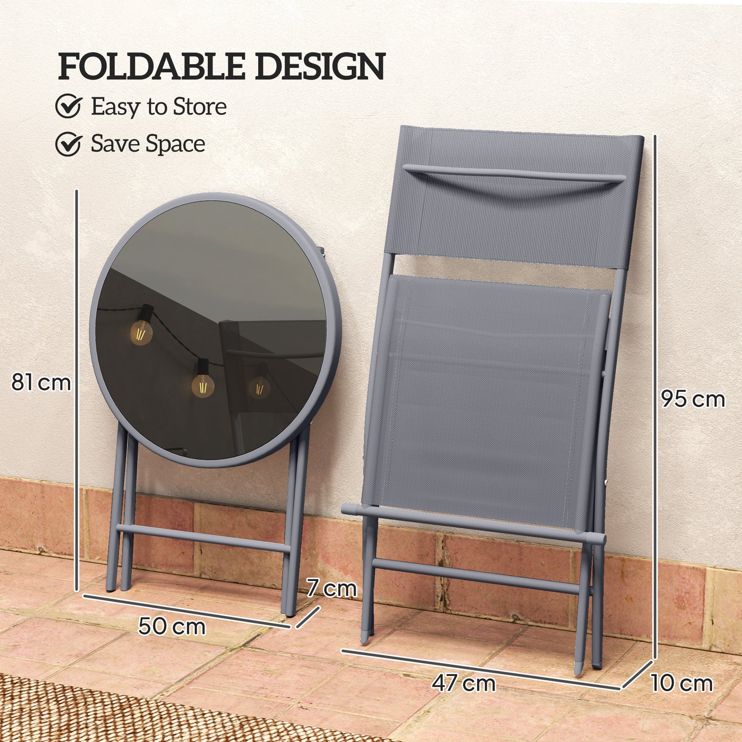 3 Pieces Outdoor Bistro Set, Glass Top Table and Chairs, Grey