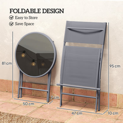 3 Pieces Outdoor Bistro Set, Glass Top Table and Chairs, Grey