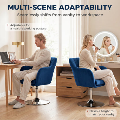 Swivel Accent Chair, Velvet Fabric Tub Vanity Chair, Modern Armchair with Adjustable Height and Lumbar Support for Living Room Bedroom Salon Make up Room Dressing Table, Dark Blue
