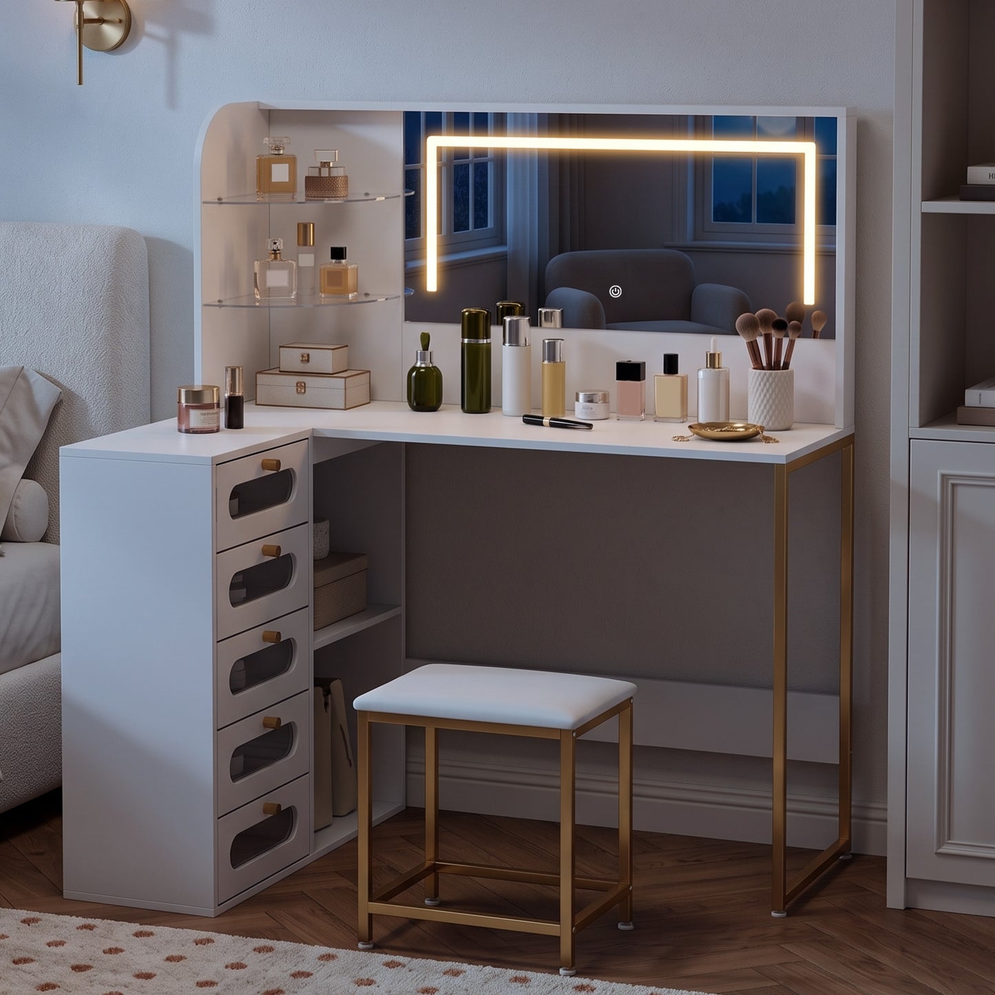 Dressing Table with LED Mirror and Stool, Drawers, Vanity Desk, White