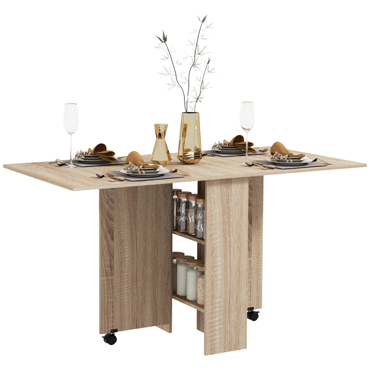 Mobile Drop Leaf Dining Table, Folding Desk with 2 Wheels, Natural