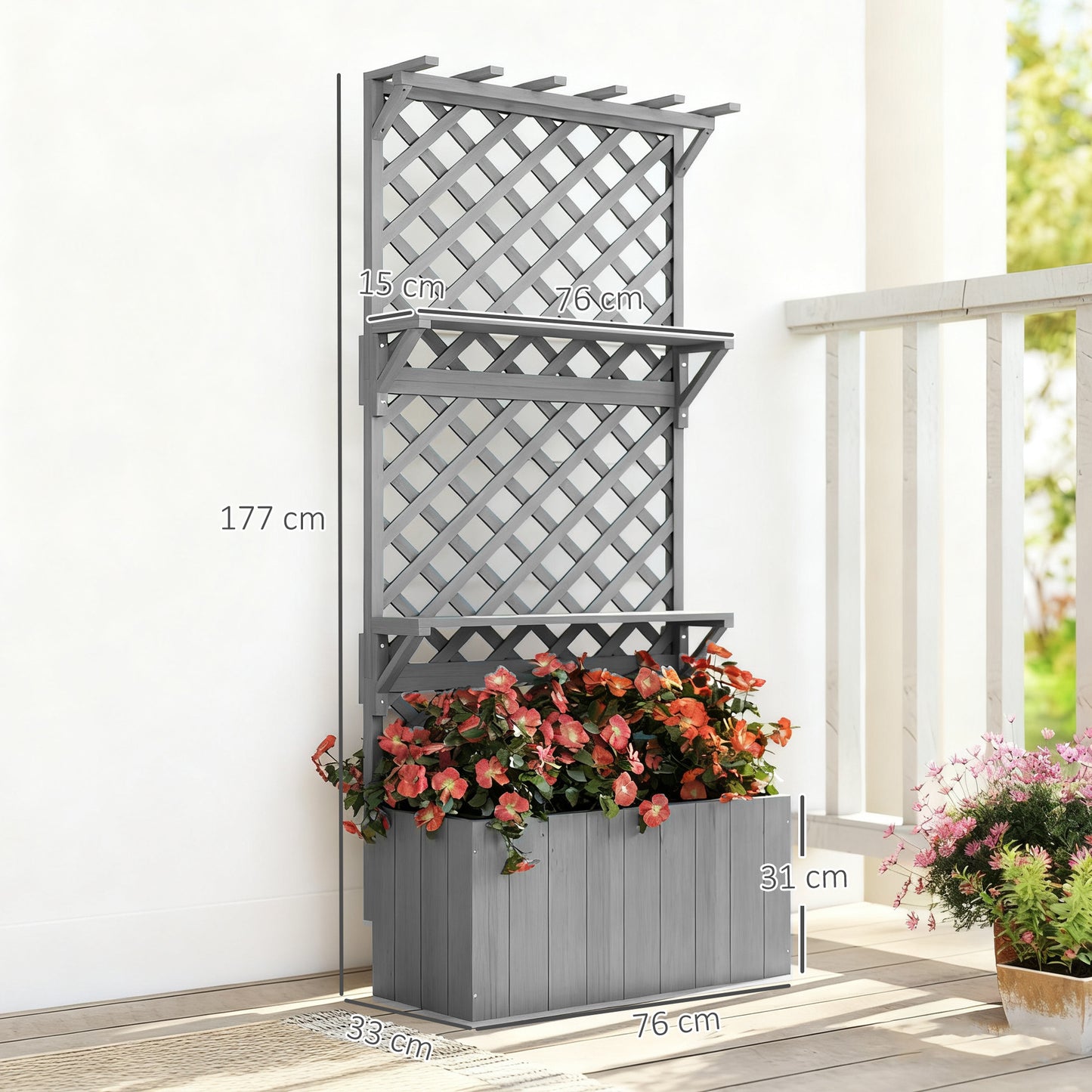 Wooden Raised Planter with Trellis and 2 Shelves, Grey