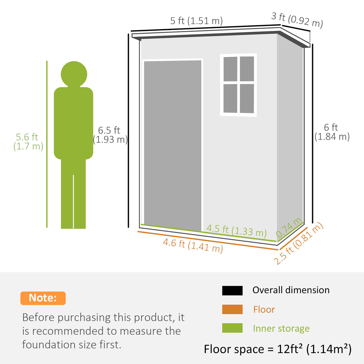 5' x 3' Garden Shed w/ Floor, Lockable Door, Window and Vent, Dark Grey