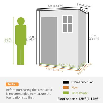 5' x 3' Garden Shed w/ Floor, Lockable Door, Window and Vent, Dark Grey