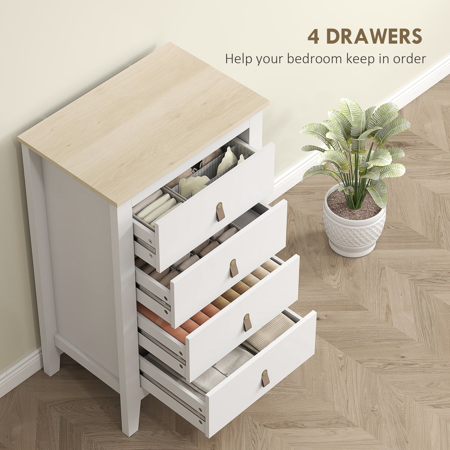 Bedroom Chest of Drawers, Modern 4 Drawer Dresser, White