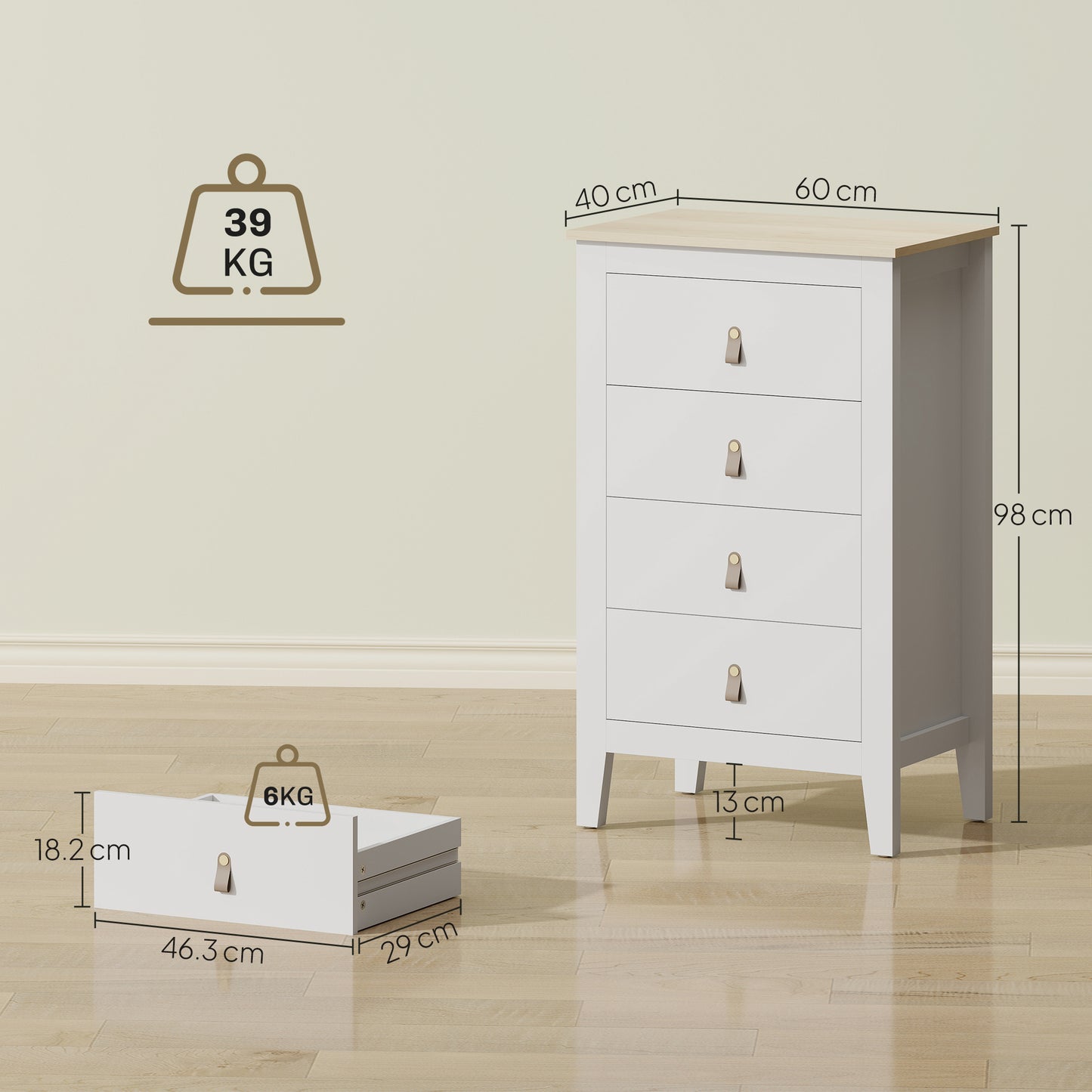 Bedroom Chest of Drawers, Modern 4 Drawer Dresser, White