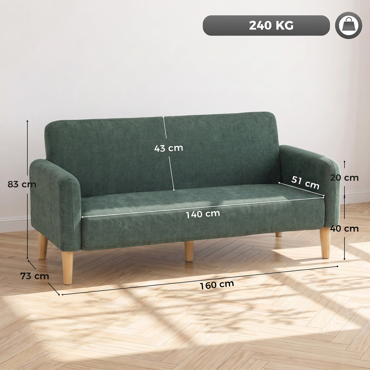 2 Seater Sofa, Velvet Small Couch with Plush Backrest, Dark Green