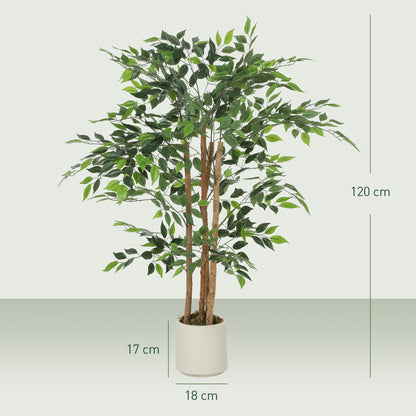 120cm Artificial Ficus Tree, Decorative Artificial Plant with Solid Wood Trunk and Pot for Indoor Living Room Home Office Decor, Green