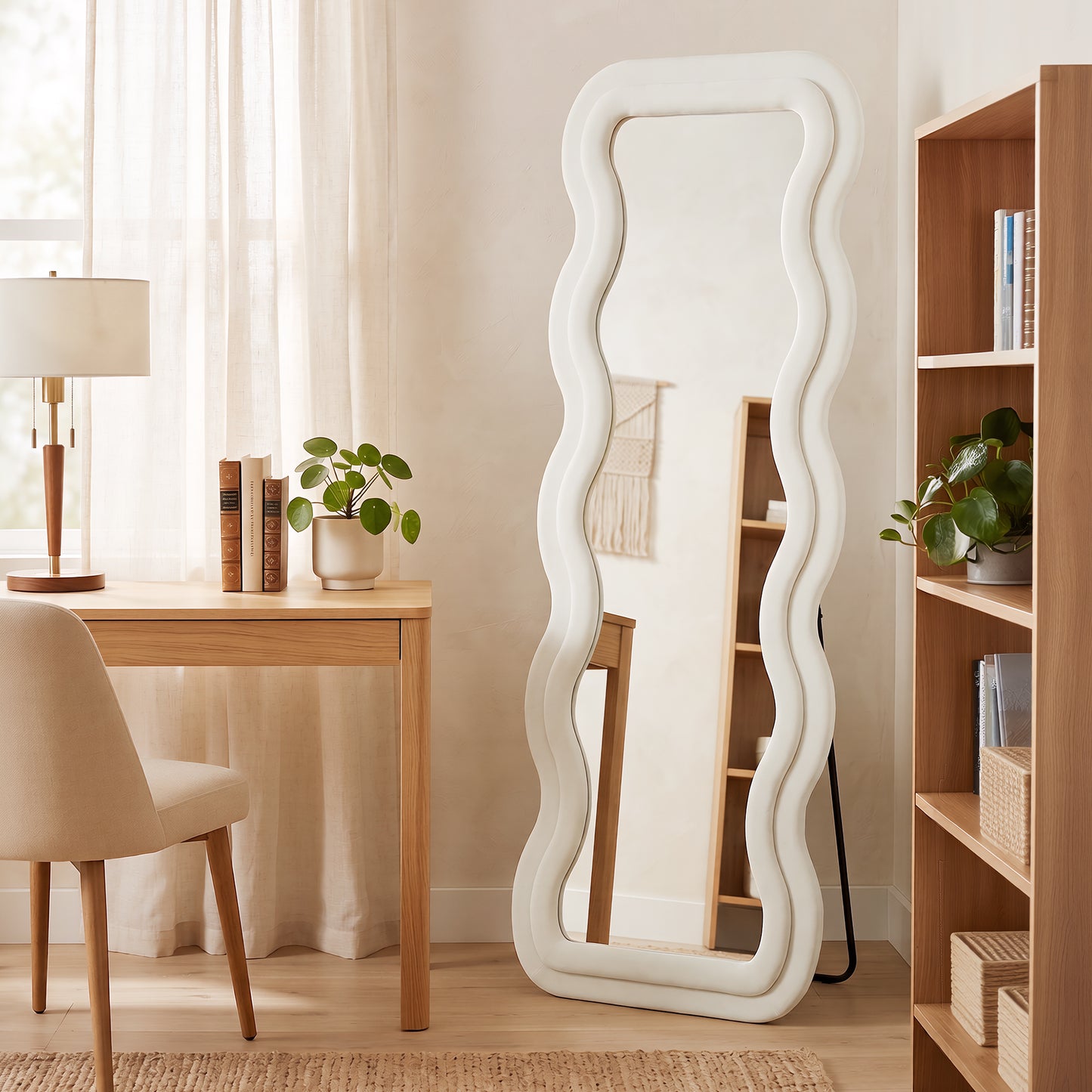 Full Length Mirror, 160 x 60 cm Velvet Wall Standing Mirror, Cream