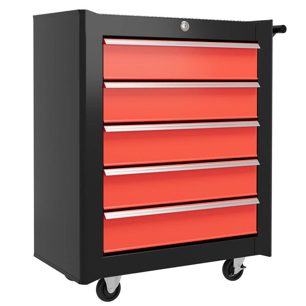 5-Drawer Tool Chest with Wheels, Steel Lockable Tool Storage Cabinet with Handle, 2 Keys for Garage, Workshop, Red