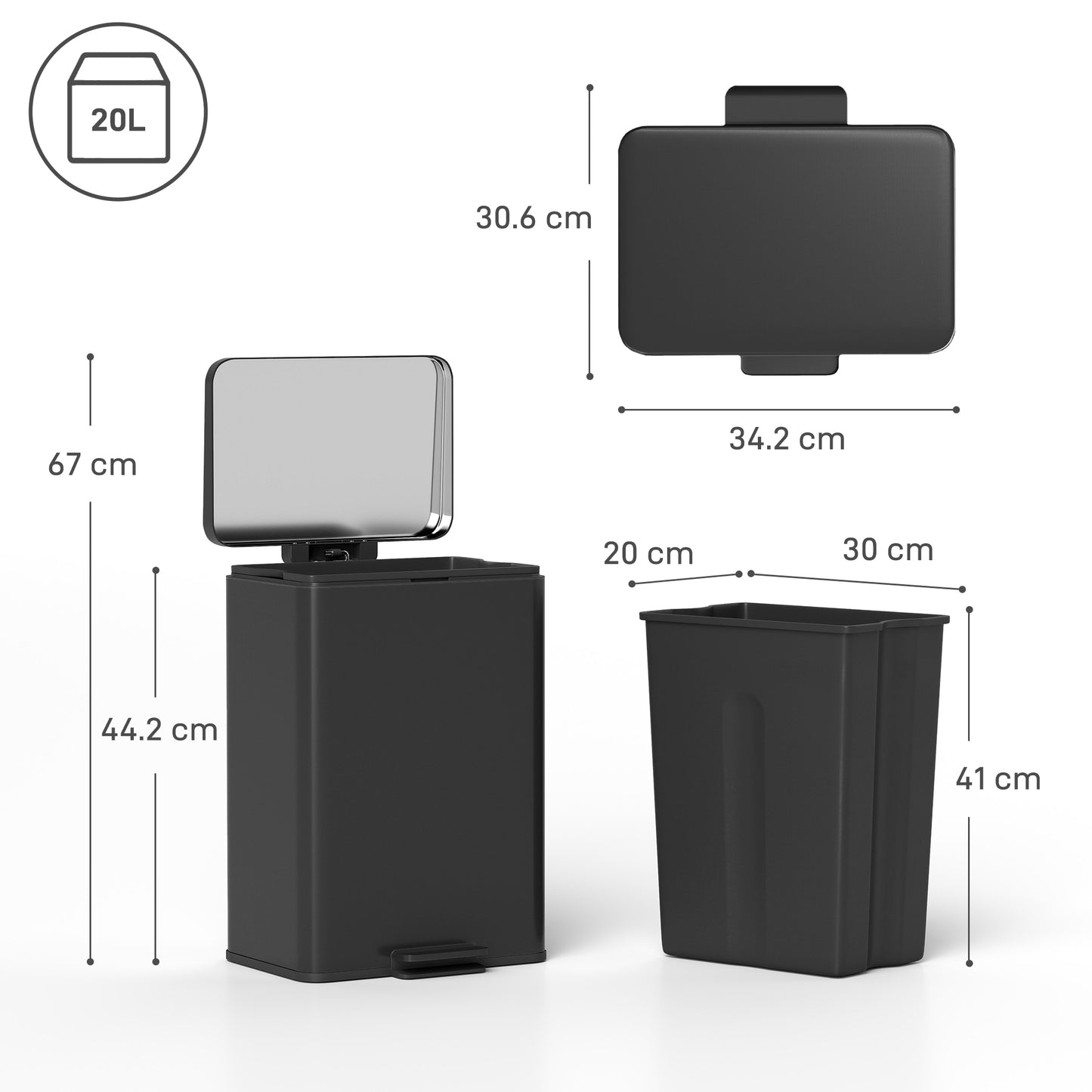 Pedal Bin with Soft-Close Lid, 20L Kitchen Bin for Home, Matte Black