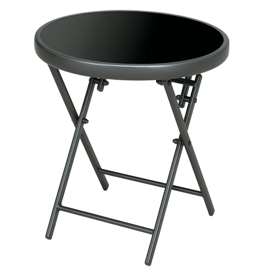 _ 45cm Outdoor Side Table, Round Folding Patio Table with Imitation Marble Glass Top, Small Coffee Table