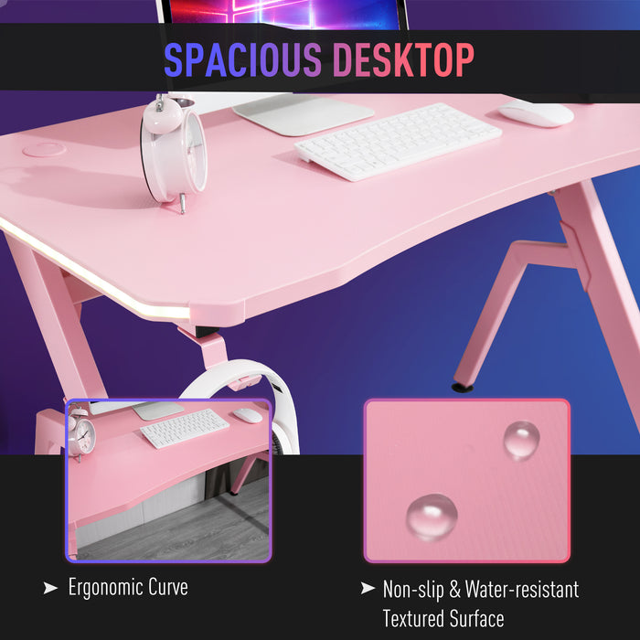 Gaming Desk Racing Style Home Office Ergonomic Computer Table Workstation with RGB LED Lights, Controller Rack & Cable Management, Pink