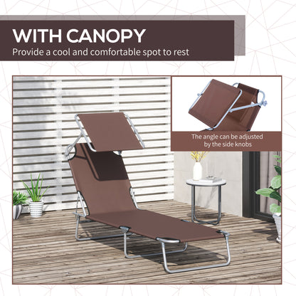 Reclining Chair Sun Lounger Folding Lounger Seat with Sun Shade Awning Beach Garden Outdoor Patio Lounger Adjustable (Brown)