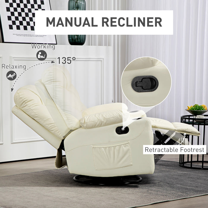 Manual Recliner Chair with Footrest, Cup Holder, Swivel Base, Cream