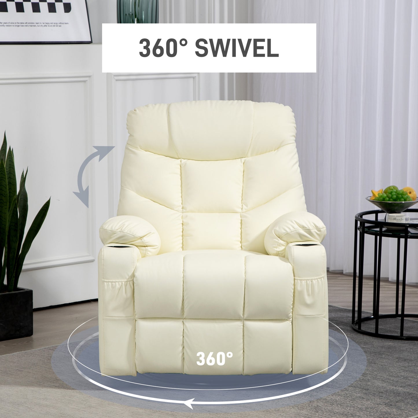 Manual Recliner Chair with Footrest, Cup Holder, Swivel Base, Cream