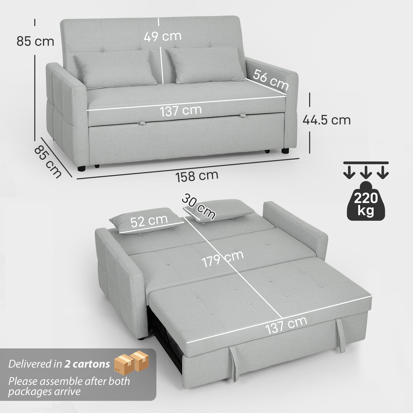 2 Seater Sofa Bed, Convertible Pull Out Bed Settee, Light Grey