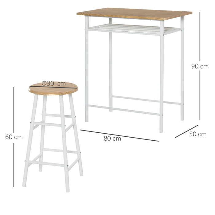 Bar Table Set, Bar Set-1 Bar Table and 2 Stools with Metal Frame Footrest and Storage Shelf for Kitchen, Dining Room, Pub, Cafe, White and Oak