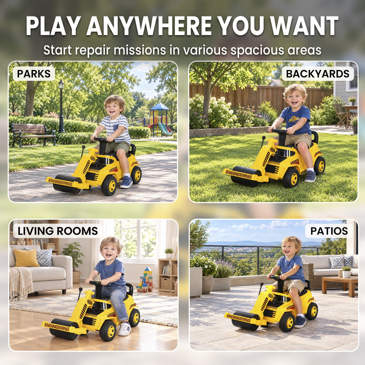 Kids' Foot-Powered Ride-On Road Roller with Horn - Yellow & Black