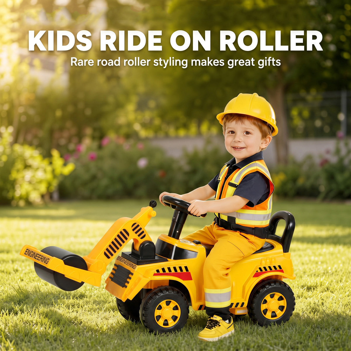 Kids' Foot-Powered Ride-On Road Roller with Horn - Yellow & Black
