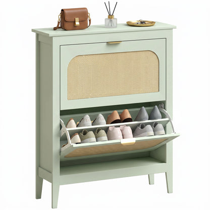 Boho Slim Shoe Cabinet with Rattan Doors, Holds 14 Pairs, Green