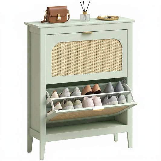 Boho Slim Shoe Cabinet with Rattan Doors, Holds 14 Pairs, Green