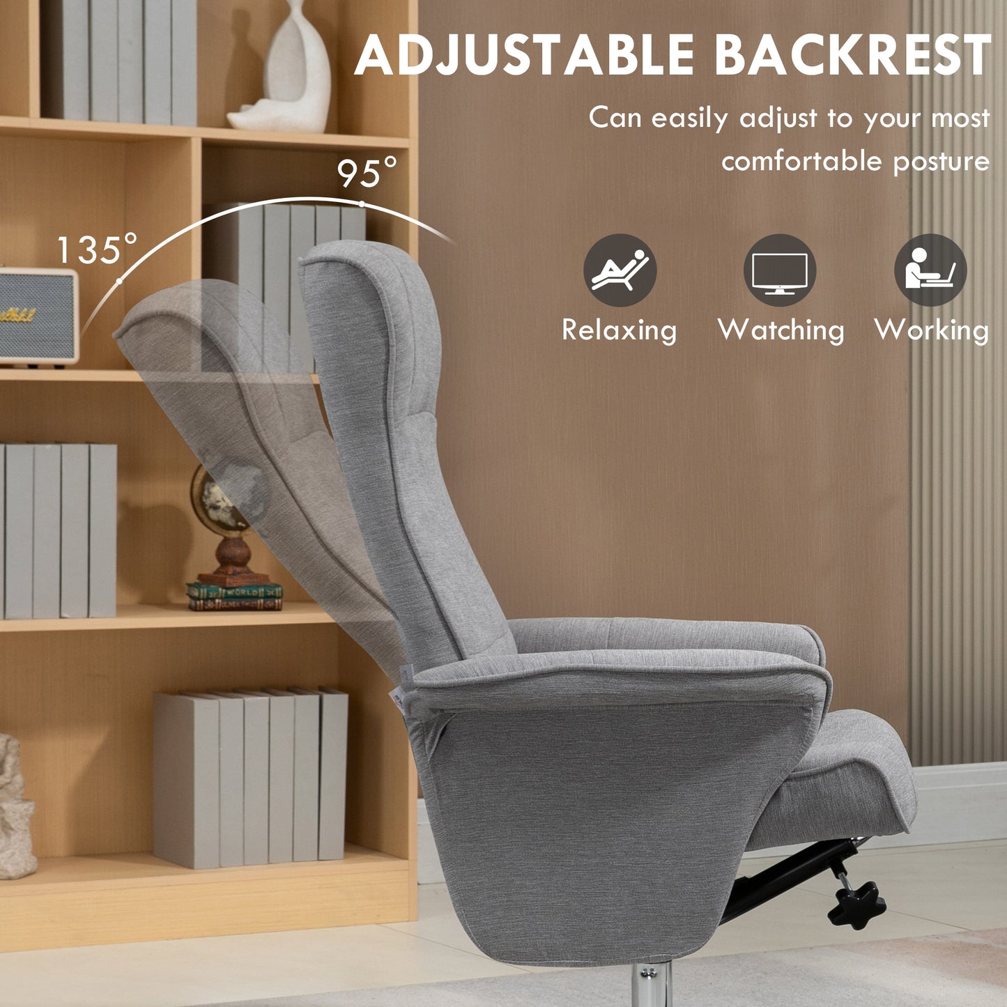 Upholstered Swivel Recliner Armchair with Ottoman, Grey