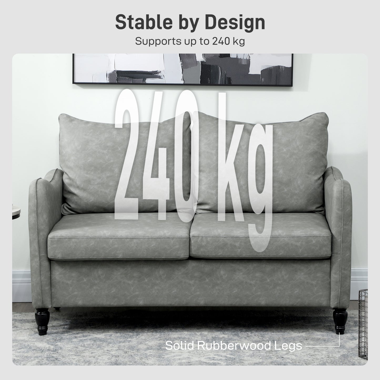 Two-Seater Sofa, Modern Small Sofa with Solid Wood Legs, Grey