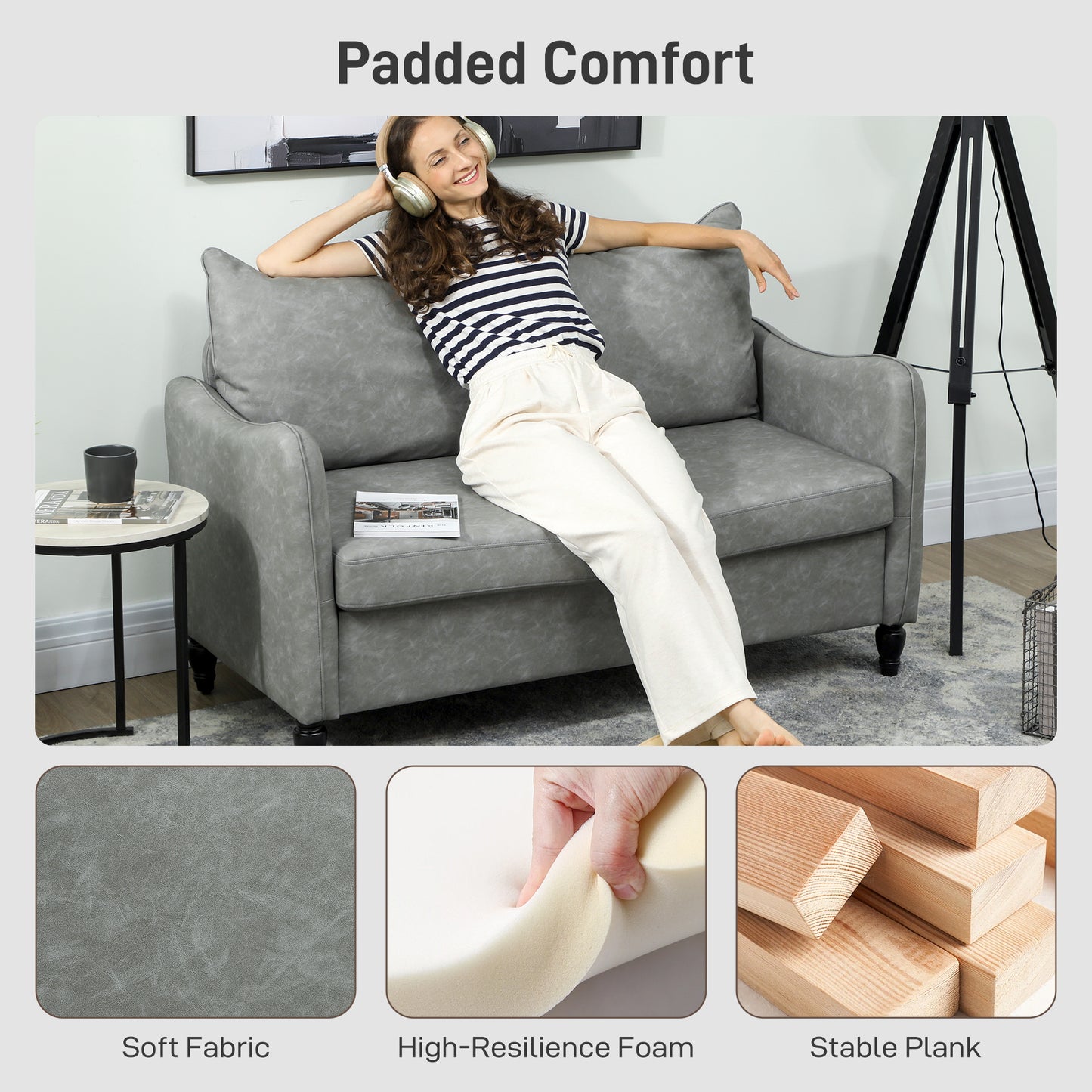 Two-Seater Sofa, Modern Small Sofa with Solid Wood Legs, Grey