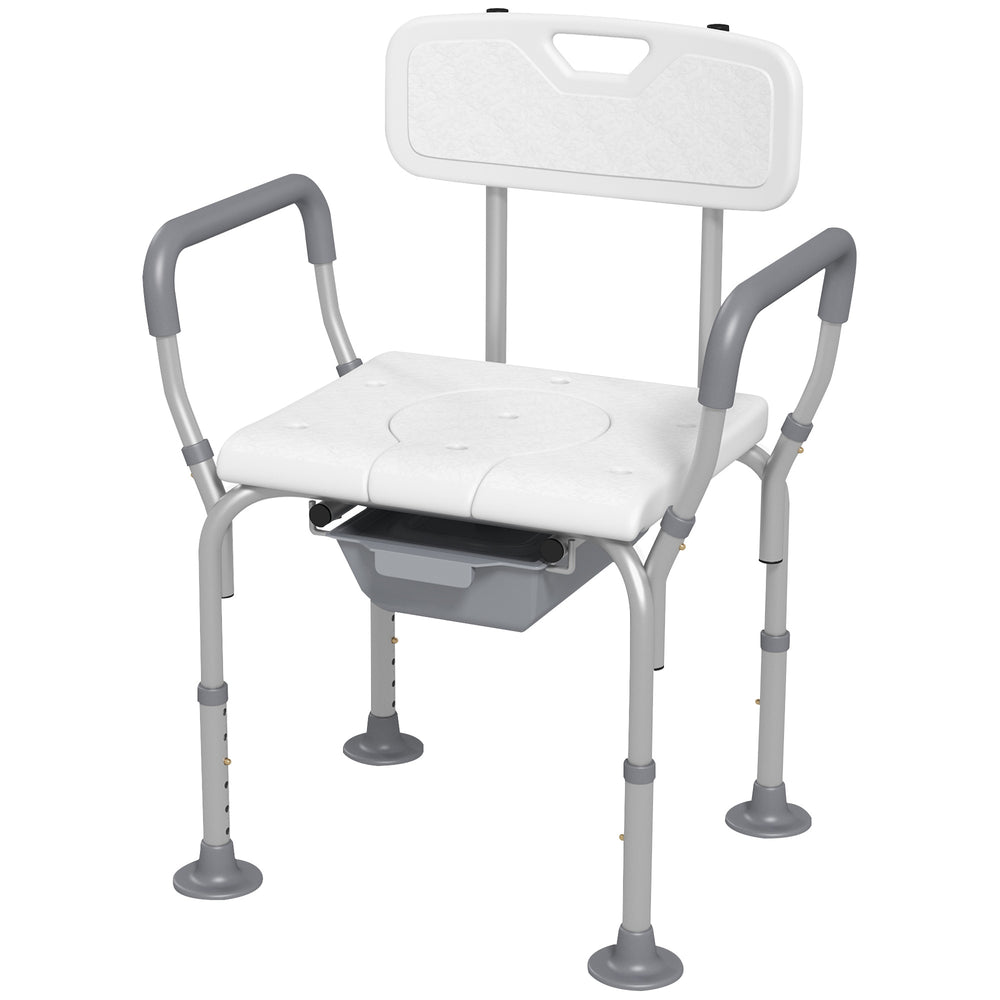 Height Adjustable Shower Stool with Arms and Back, Non-Slip Bedside Commode with Detachable Bucket for Elderly, White