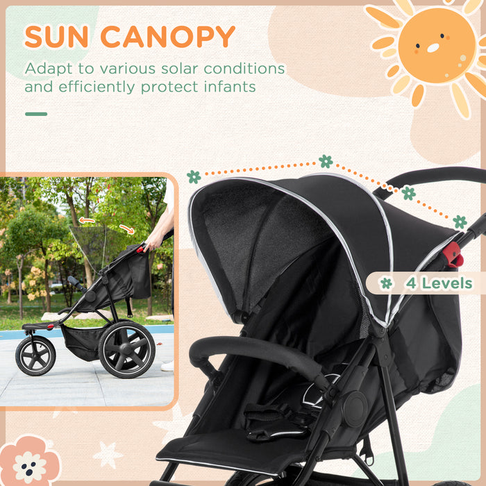 Three Wheeler Pushchair, Lightweight Foldable Running Baby Stroller with Fully Reclining, Adjustable Handlebar Backrest, Sun Canopy Black