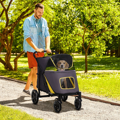 Pet Stroller with Universal Front Wheels, Shock Absorber, One Click Foldable Dog Cat Carriage with Brakes, Storage Bags, Mesh Window Grey
