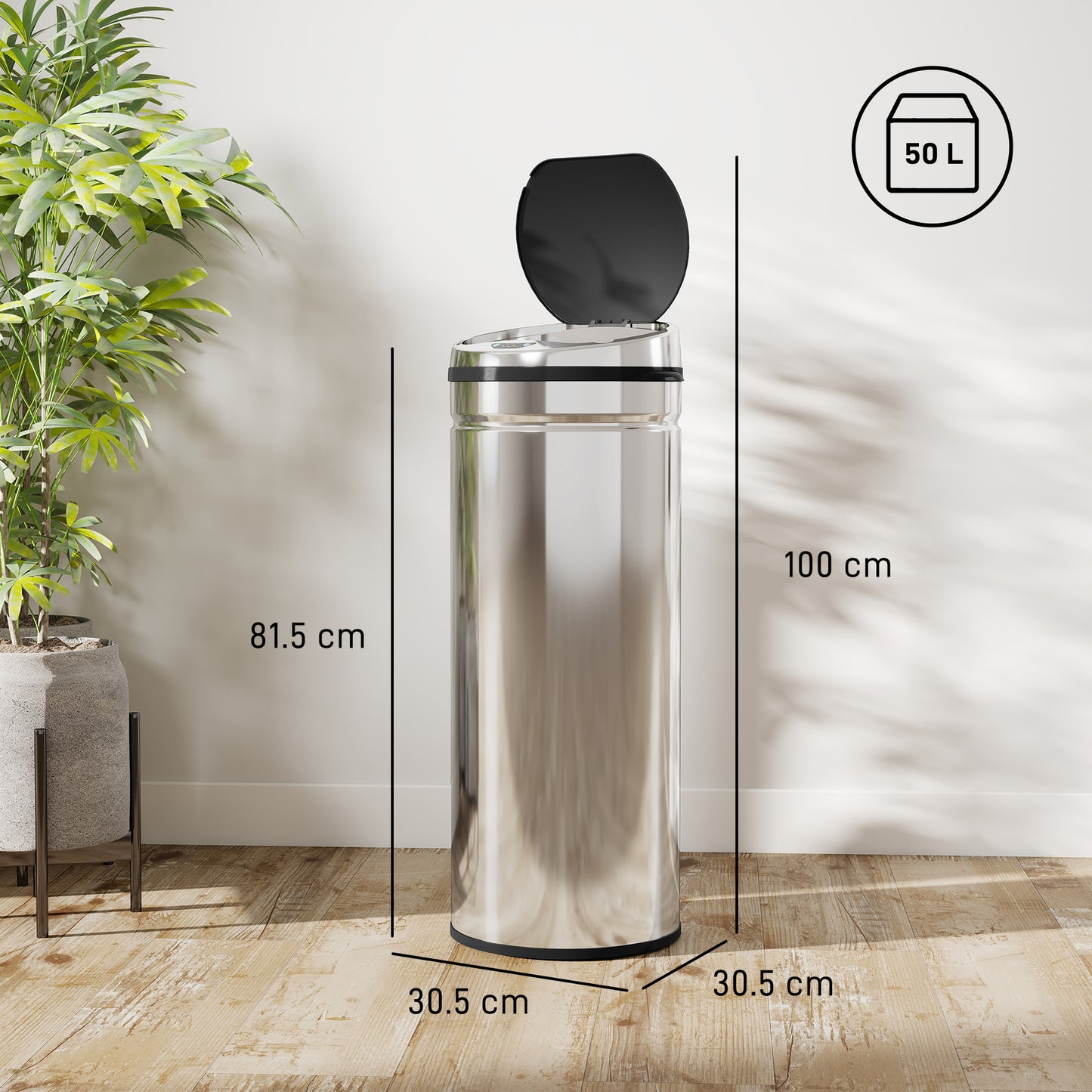 50L Sensor Bin, Stainless Steel Kitchen Bin with Automatic Close