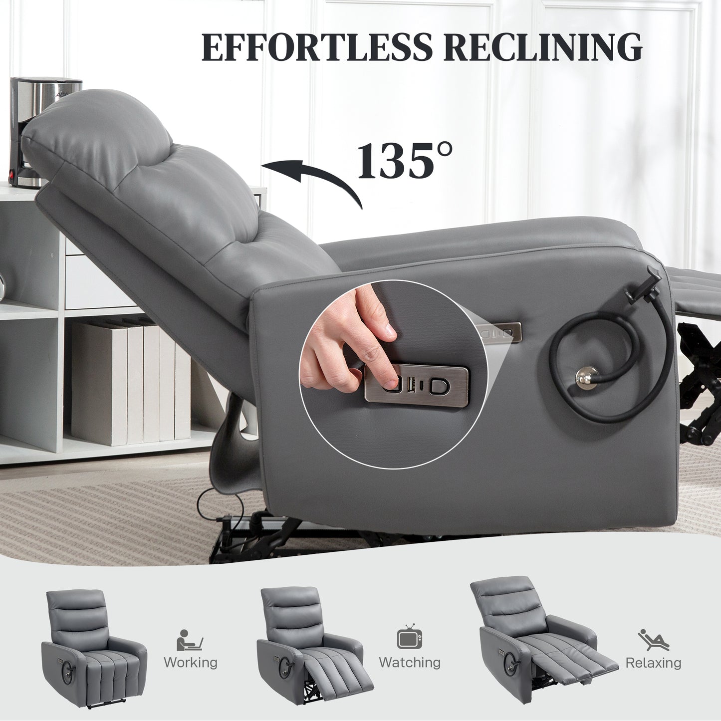 Electric Recliner Chair with Phone Holder, USB Charge Port, Grey