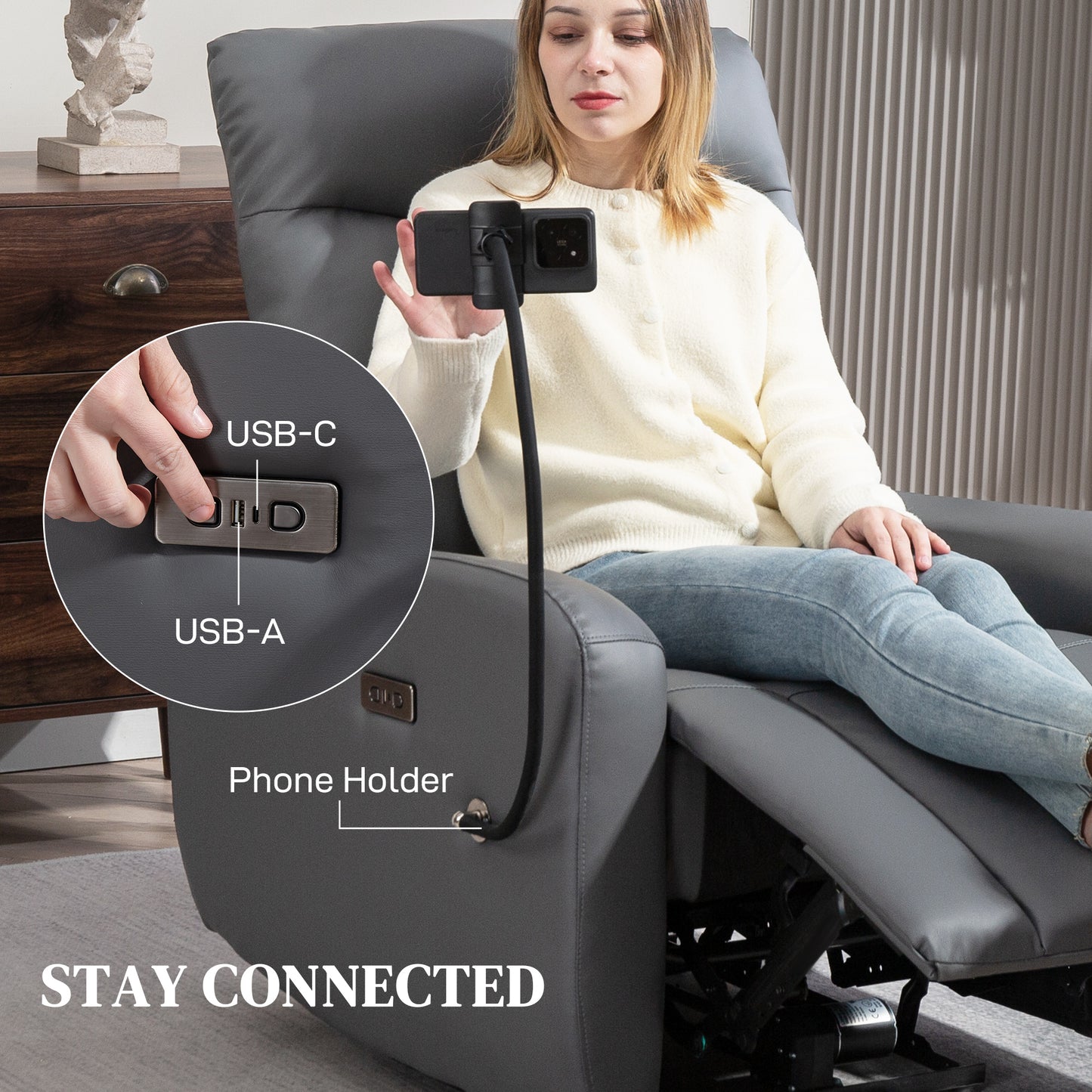 Electric Recliner Chair with Phone Holder, USB Charge Port, Grey