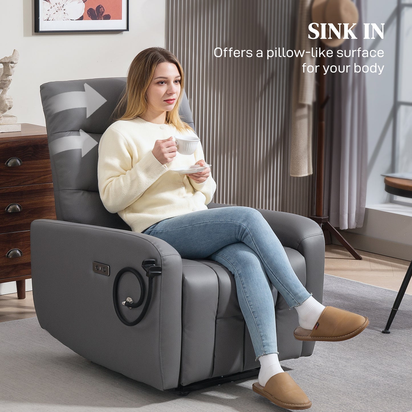 Electric Recliner Chair with Phone Holder, USB Charge Port, Grey