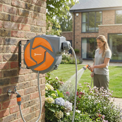DURHAND 10m Garden Hose Reel Wall Mounted Auto Rewind with 7 Patterns Spray Nozzle, Includes Wall Fixings, Dark Grey and Orange