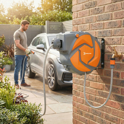 DURHAND 10m Garden Hose Reel Wall Mounted Auto Rewind with 7 Patterns Spray Nozzle, Includes Wall Fixings, Dark Grey and Orange