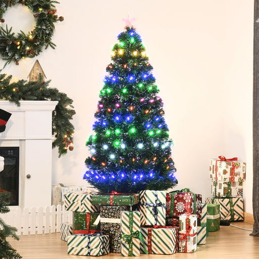 5ft Pre-Lit Fiber Optic Christmas Tree w/ Star Tree Topper, Solid Metal Base, 170 Branch Tips, 6 Color LED Lights Home Decoration - Green