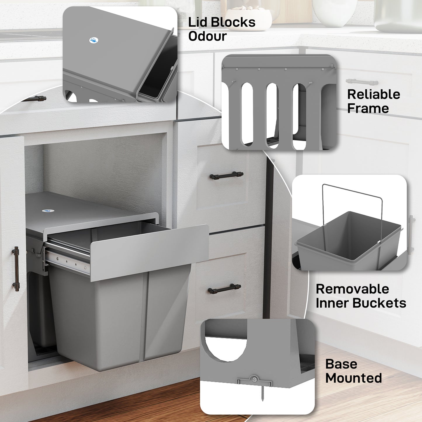 Soft Close Pull Out Bin, Under Sink Bin - 2 Compartments (15L Each)