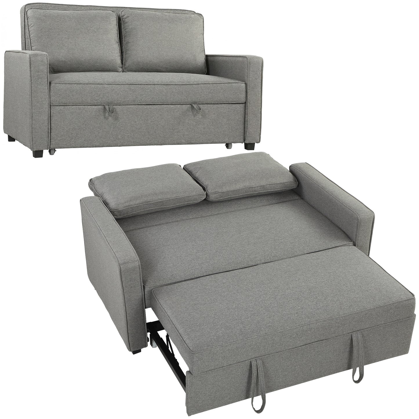 2 Seater Pull Out Sofa Bed with 2 Pillows, Fabric Click Clack Sofa Bed with Wood Core, Convertible Sleeper Sofa for Living Room, Bedroom, Grey