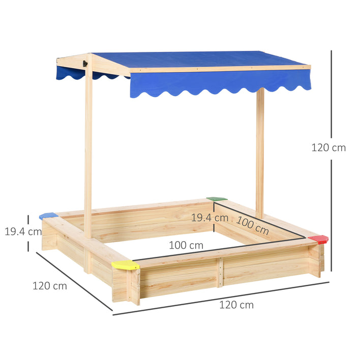 Kids Wooden Sandpit Children Cabana Square Sandbox Outdoor Backyard Playset Play Station Adjustable Canopy Bench Seat 120x120x120cm