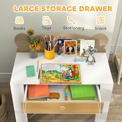 Kids' Desk and Chair Set with Storage Drawer and Bear Backrest - Natural & White