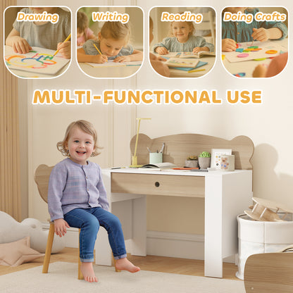 Kids' Desk and Chair Set with Storage Drawer and Bear Backrest - Natural & White