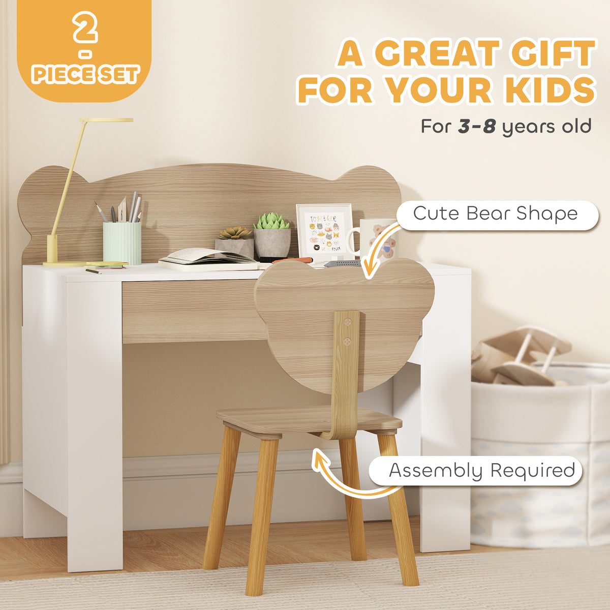 Kids' Desk and Chair Set with Storage Drawer and Bear Backrest - Natural & White