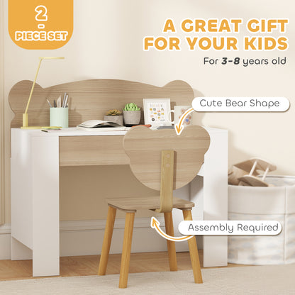 Kids' Desk and Chair Set with Storage Drawer and Bear Backrest - Natural & White